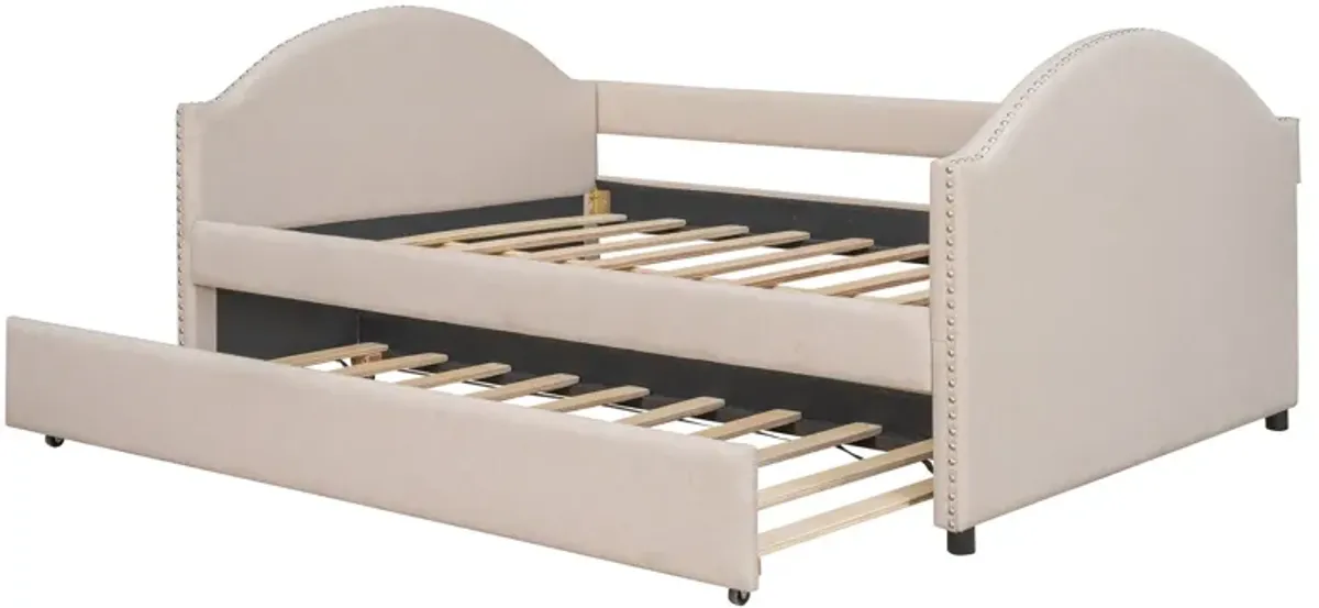 Full Size Upholstered Daybed With Twin Size Trundle, Wood Slat Support - Beige