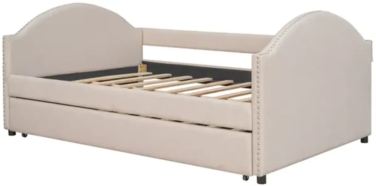 Full Size Upholstered Daybed With Twin Size Trundle, Wood Slat Support - Beige