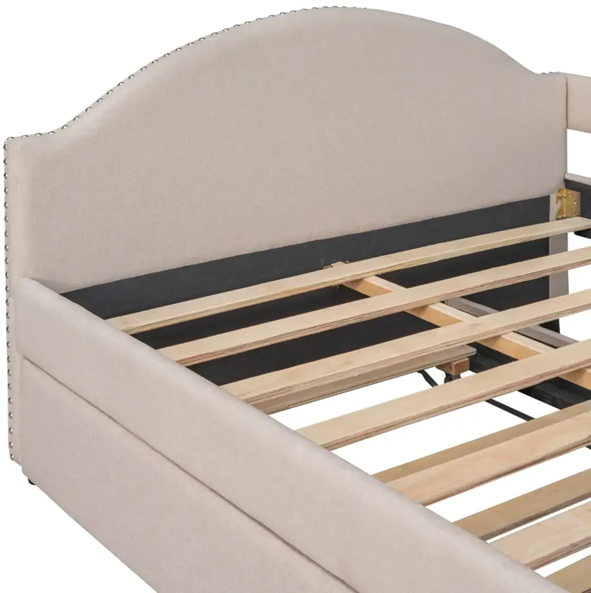 Full Size Upholstered Daybed With Twin Size Trundle, Wood Slat Support - Beige