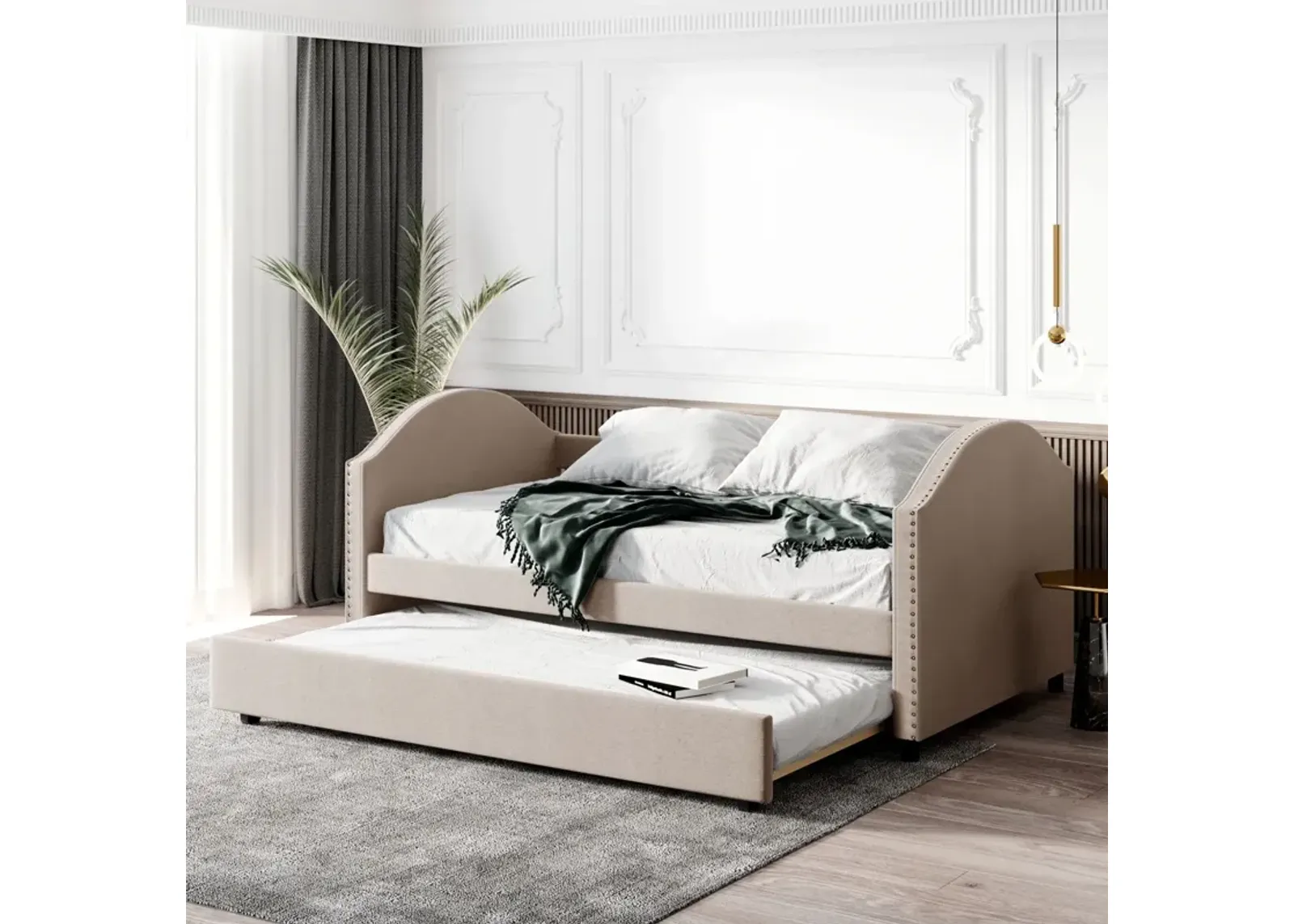 Full Size Upholstered Daybed With Twin Size Trundle, Wood Slat Support - Beige