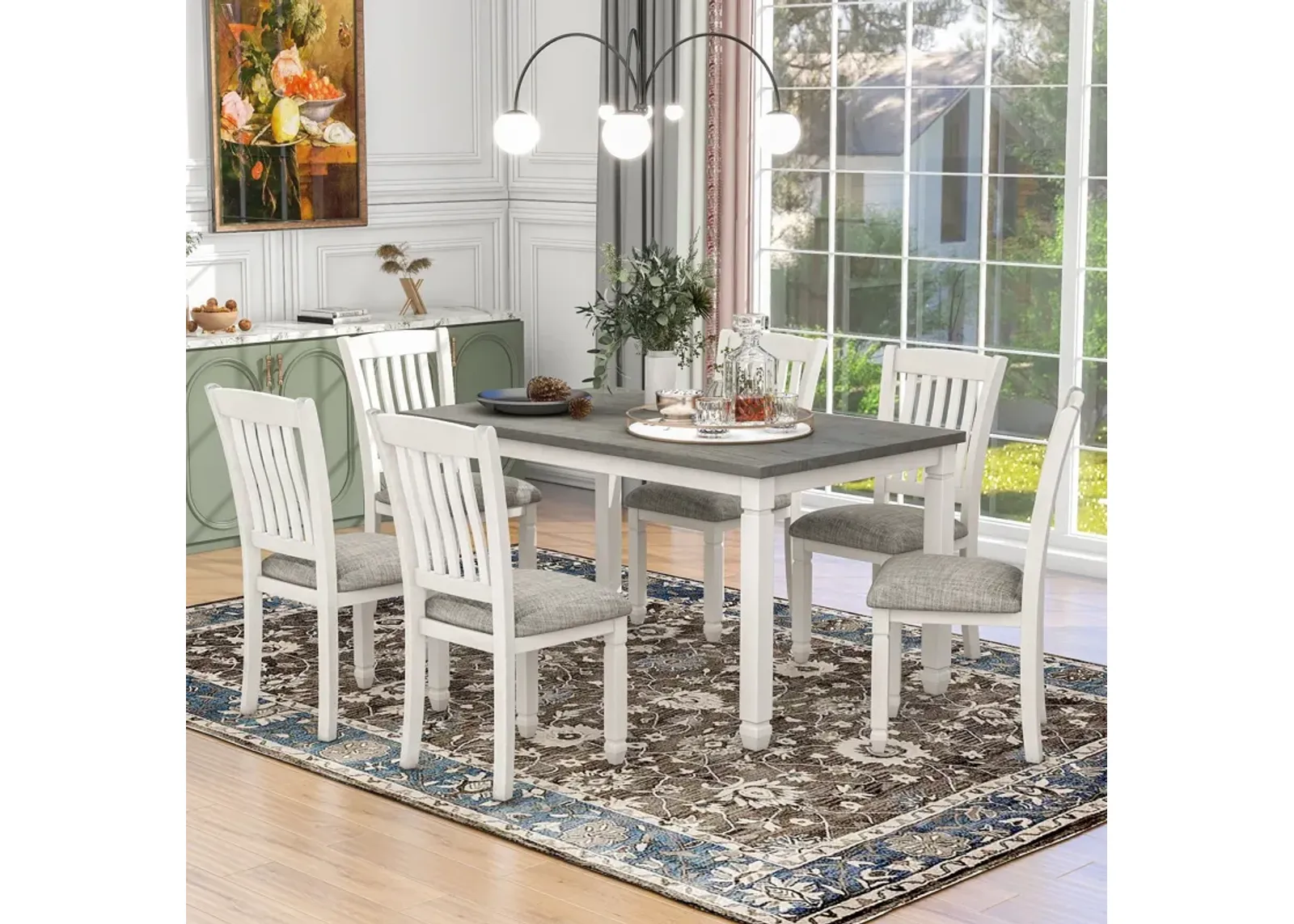 7 Piece Dining Table Set Wood Dining Table And 6 Upholstered Chairs With Shaped Legs For Dining Room / Living Room Furniture - Gray / White