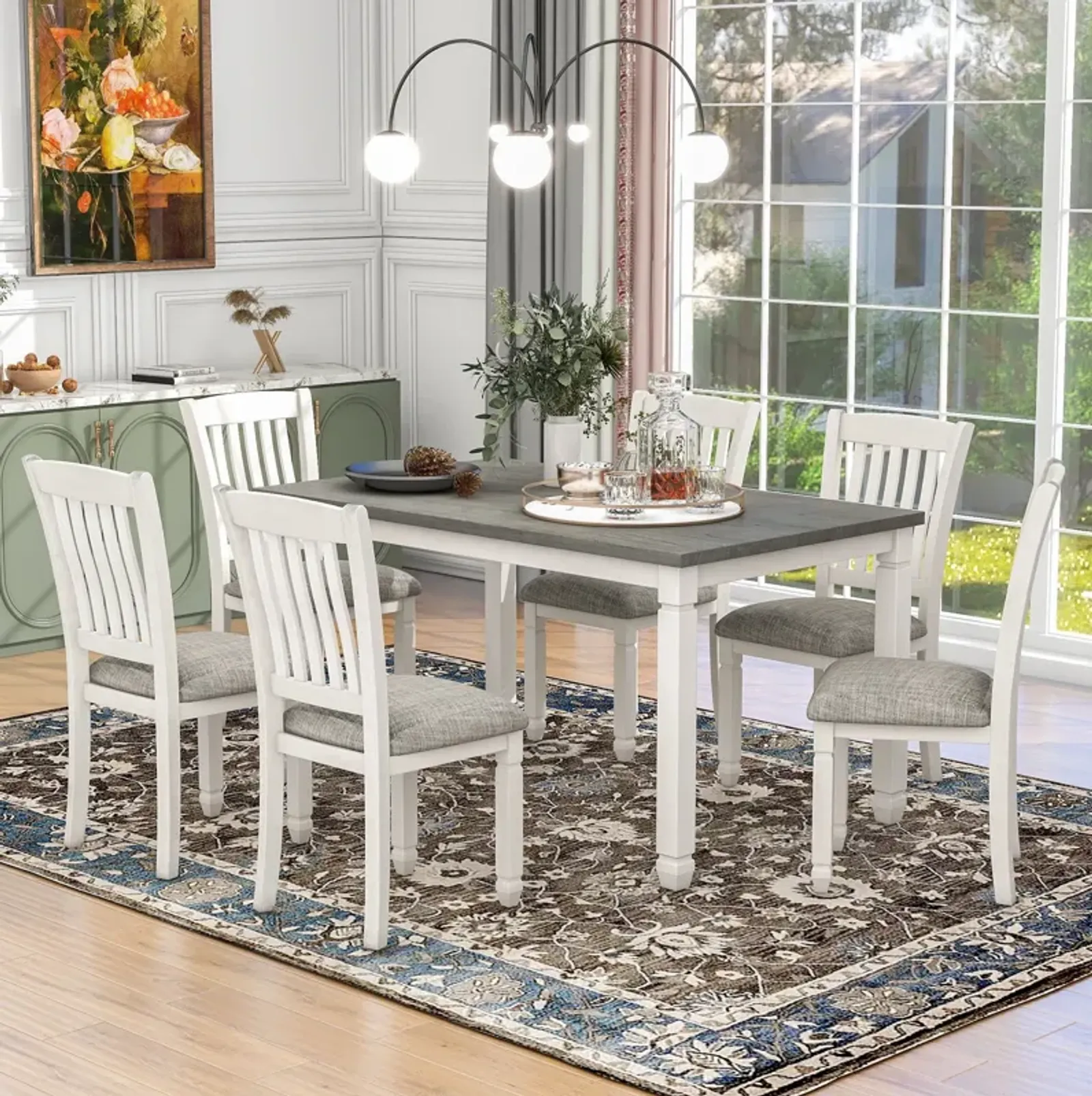 7 Piece Dining Table Set Wood Dining Table And 6 Upholstered Chairs With Shaped Legs For Dining Room / Living Room Furniture - Gray / White