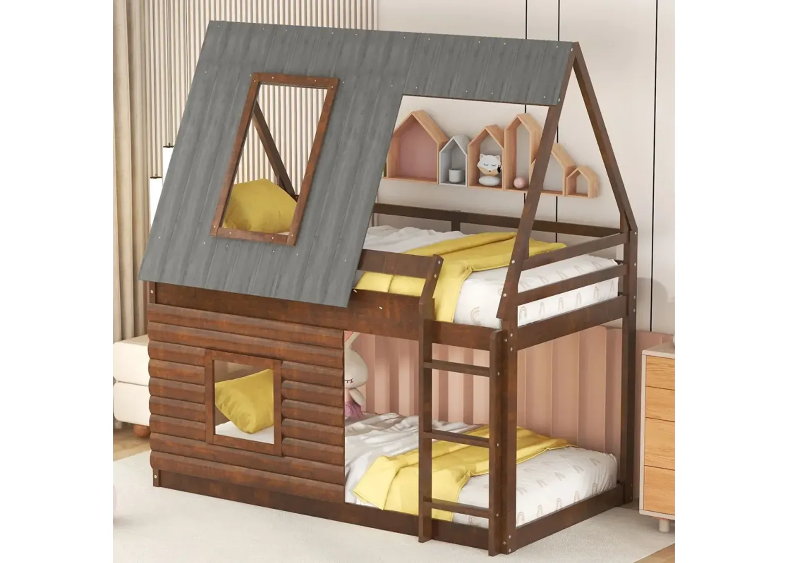 Wood Twin Size House Bunk Bed With Roof, Ladder And 2 Windows - Oak & Smoky Gray