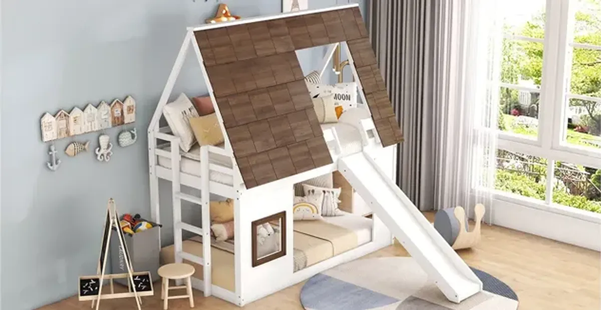 Wood Twin Size House Bunk Bed With Roof, Ladder And Slide - White / Brown