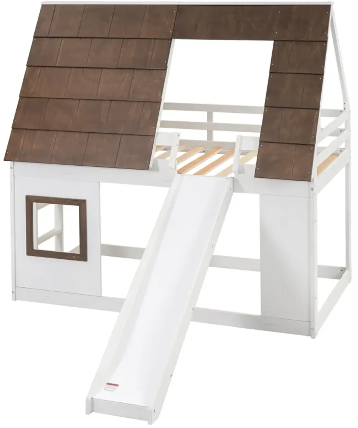 Wood Twin Size House Bunk Bed With Roof, Ladder And Slide - White / Brown