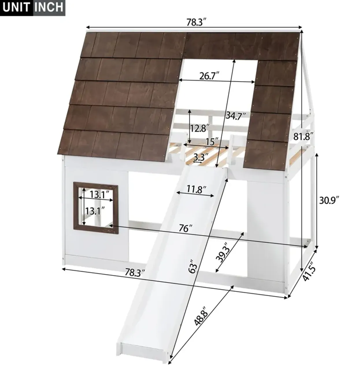 Wood Twin Size House Bunk Bed With Roof, Ladder And Slide - White / Brown