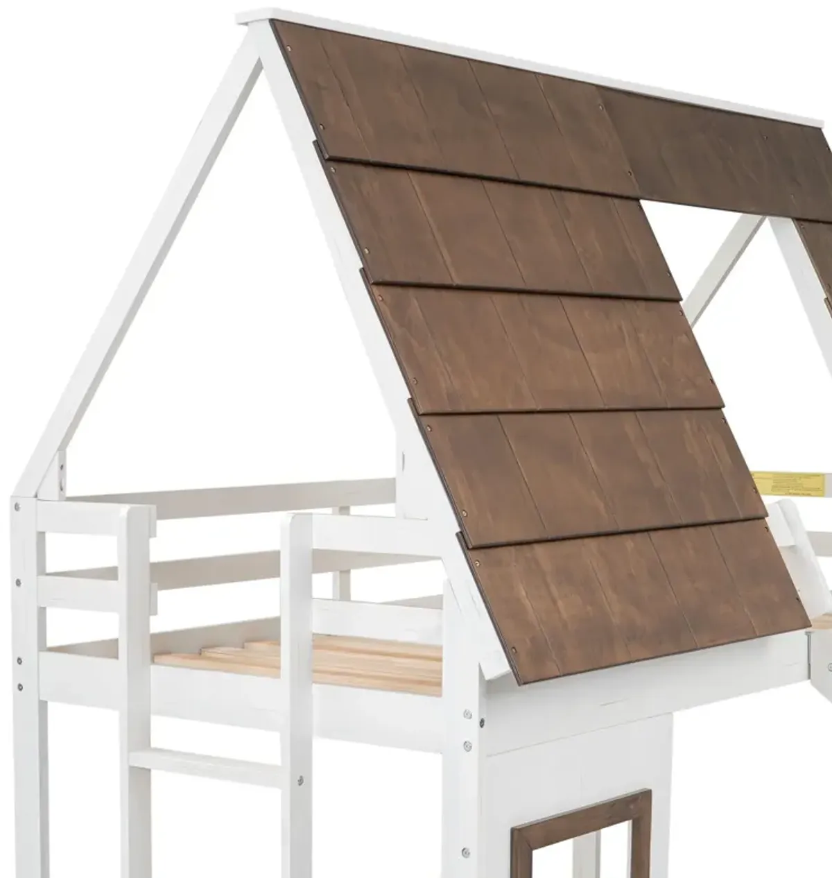 Wood Twin Size House Bunk Bed With Roof, Ladder And Slide - White / Brown