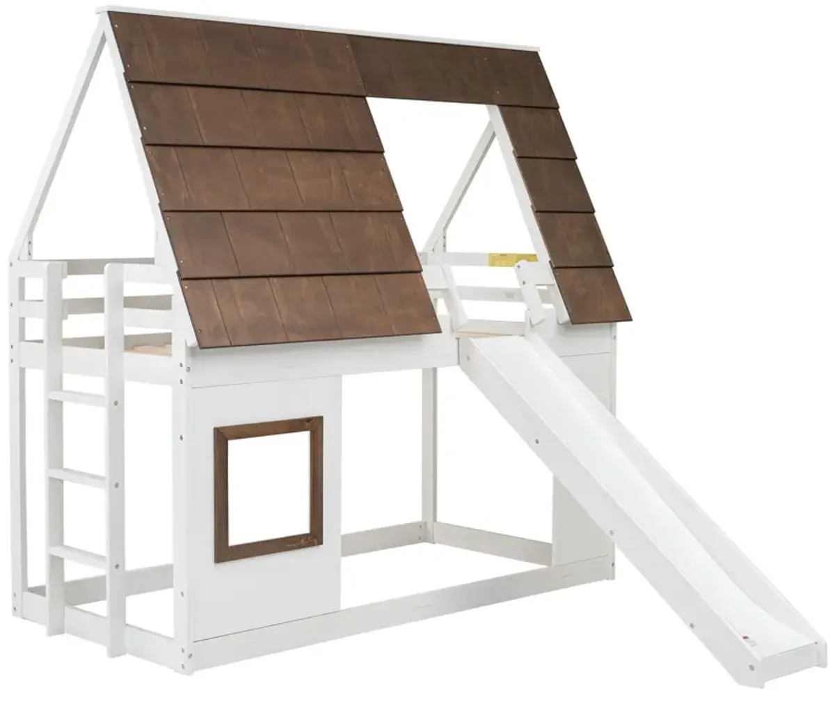 Wood Twin Size House Bunk Bed With Roof, Ladder And Slide - White / Brown