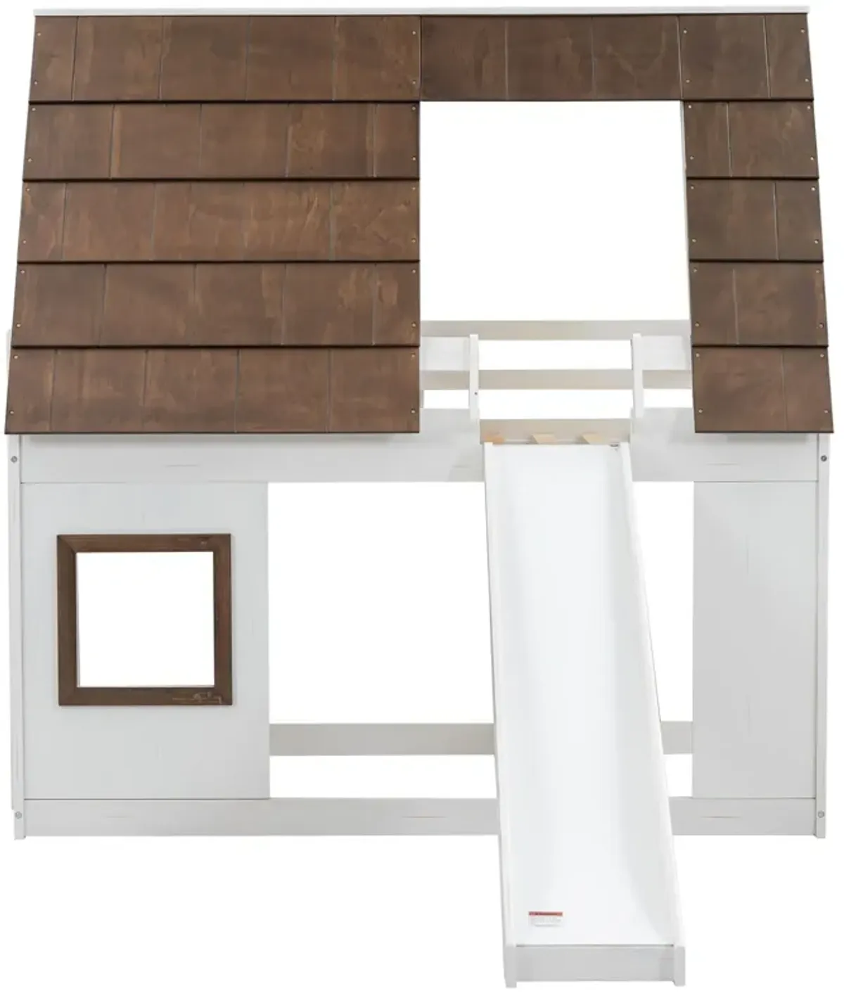 Wood Twin Size House Bunk Bed With Roof, Ladder And Slide - White / Brown