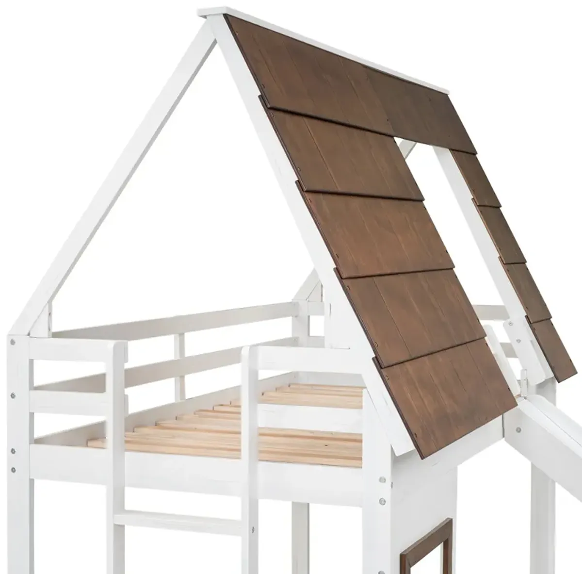 Wood Twin Size House Bunk Bed With Roof, Ladder And Slide - White / Brown