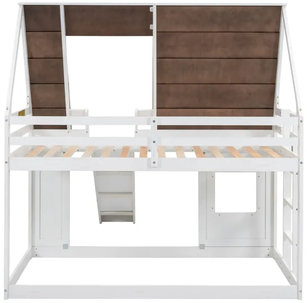 Wood Twin Size House Bunk Bed With Roof, Ladder And Slide - White / Brown