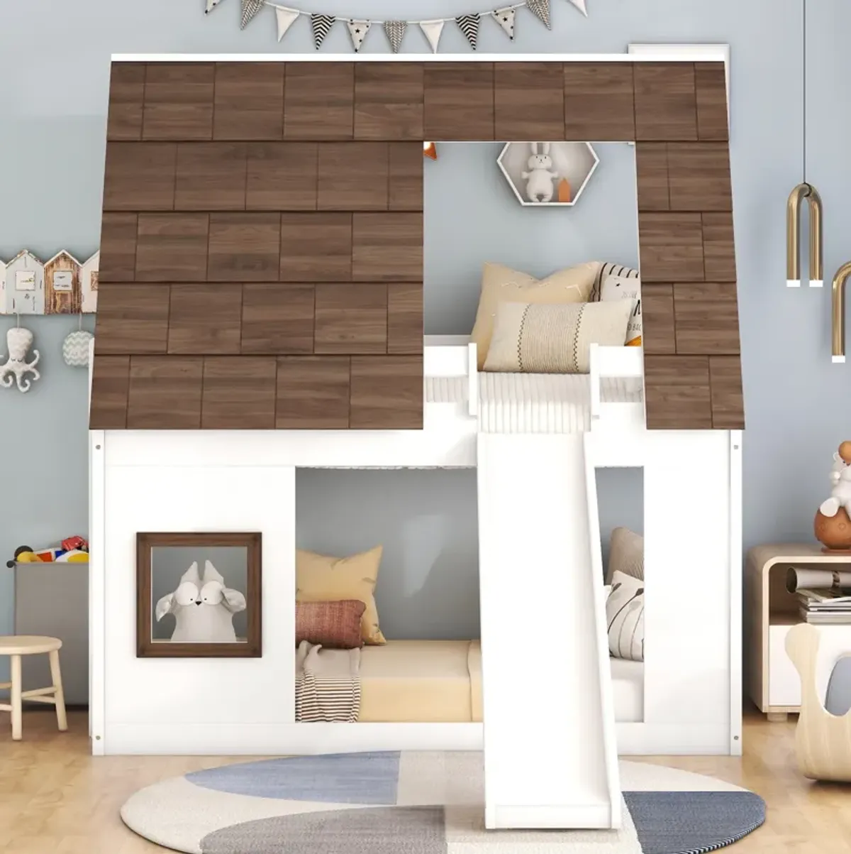 Wood Twin Size House Bunk Bed With Roof, Ladder And Slide - White / Brown