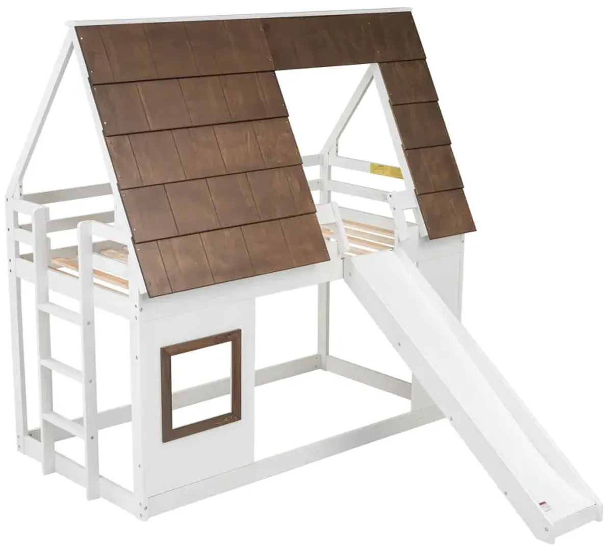 Wood Twin Size House Bunk Bed With Roof, Ladder And Slide - White / Brown