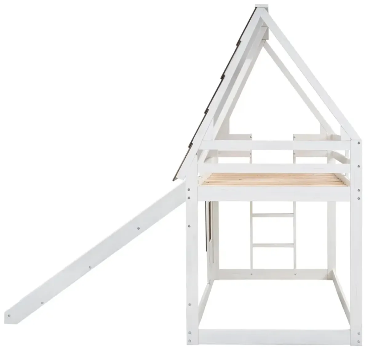 Wood Twin Size House Bunk Bed With Roof, Ladder And Slide - White / Brown