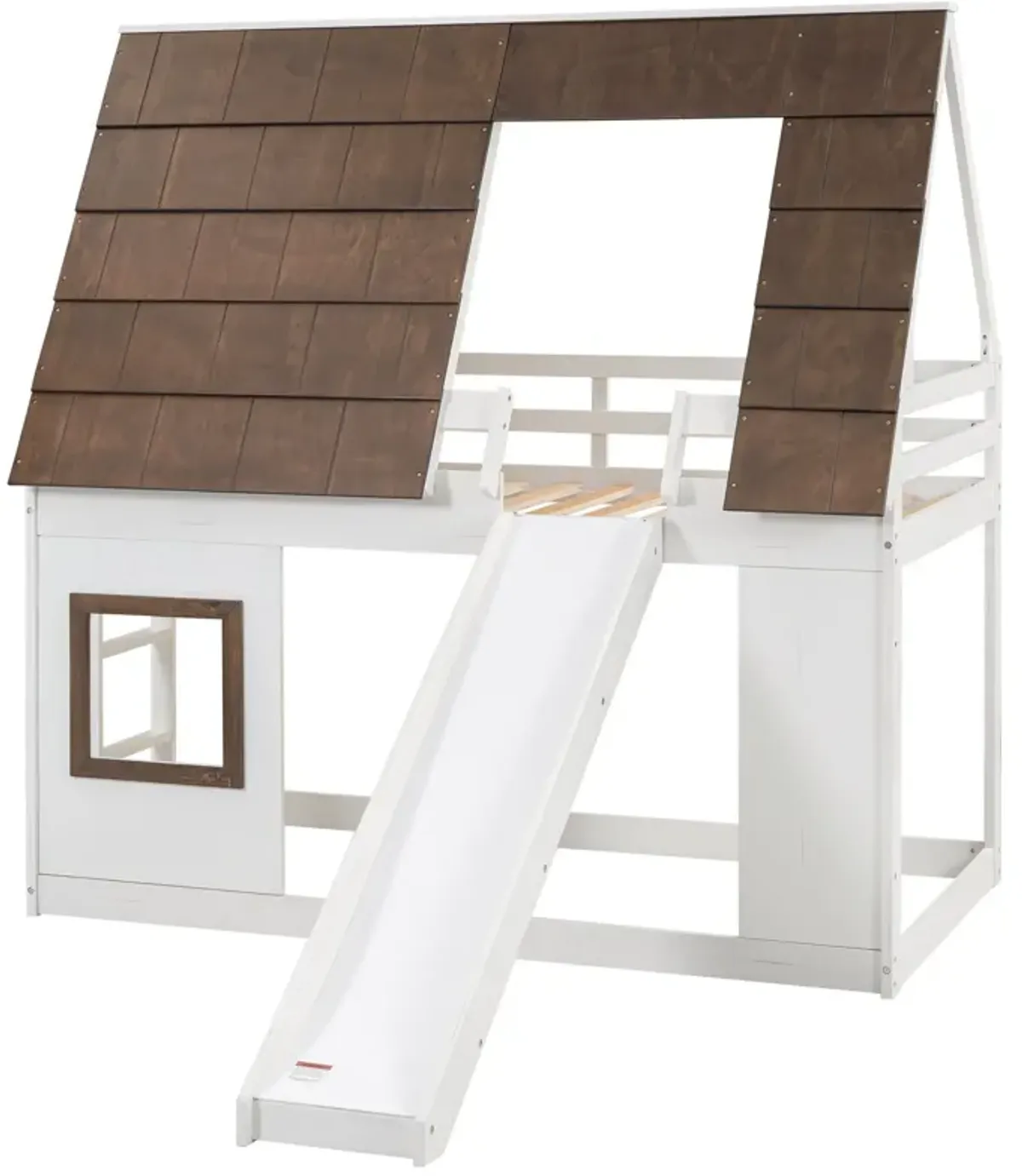 Wood Twin Size House Bunk Bed With Roof, Ladder And Slide - White / Brown