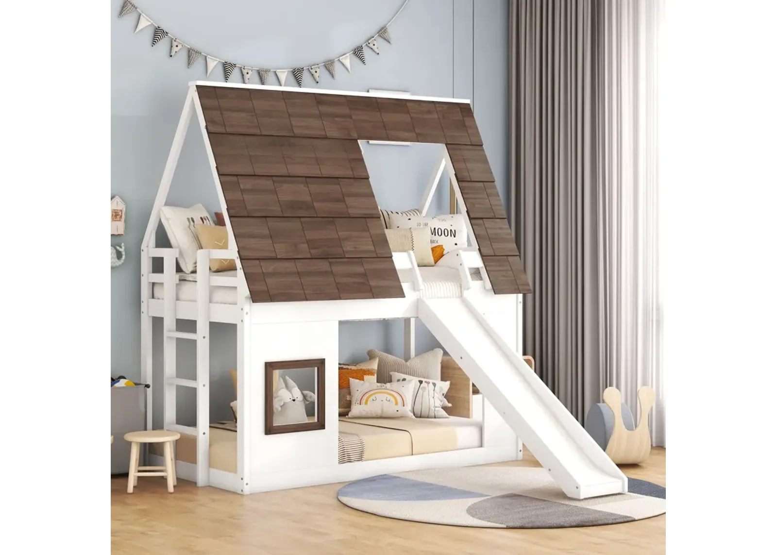 Wood Twin Size House Bunk Bed With Roof, Ladder And Slide - White / Brown