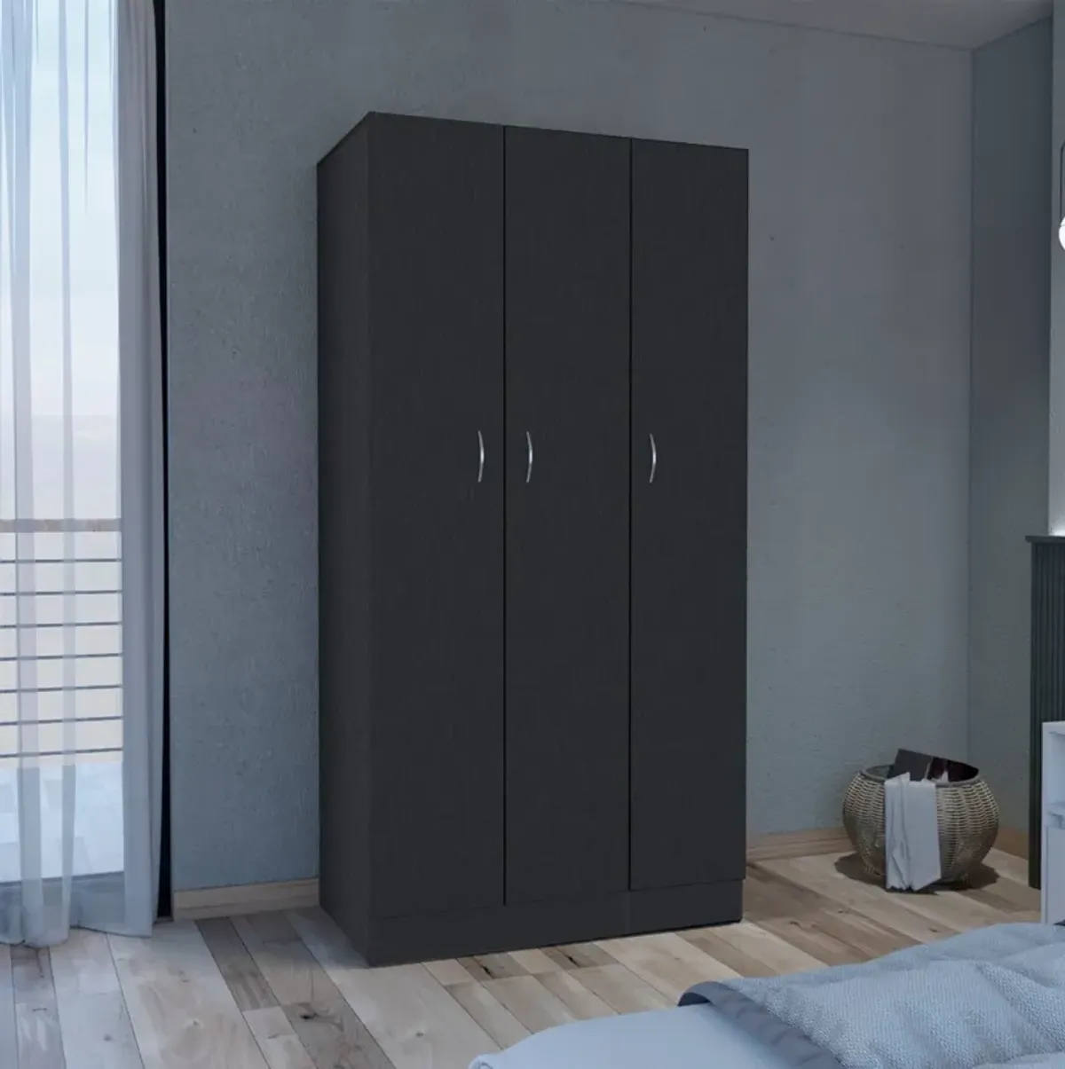 Wardrobe Armoire With 3 Doors And 2 Inner Drawers, 3 Doors - Black