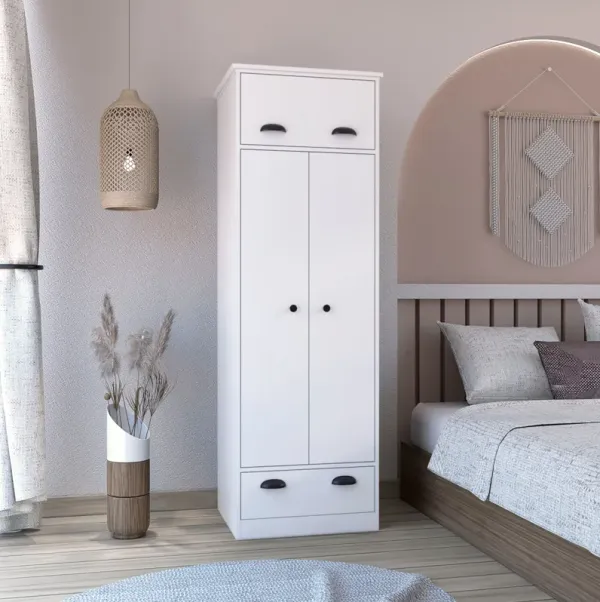 Dresser Closet With Upper Storage Covered With 1 Door, 2 Central Shelves, 1 Tube For Hanging Clothes Covered By 2 Doors, 1 Drawer At The Bottom - White
