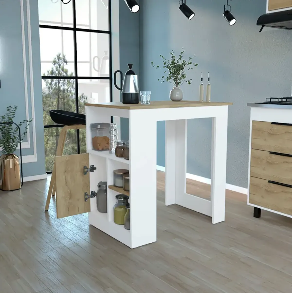 Kitchen Island Three Open Side Storage Shelves And One Push-To-Open Cabinet - White / Macadamia