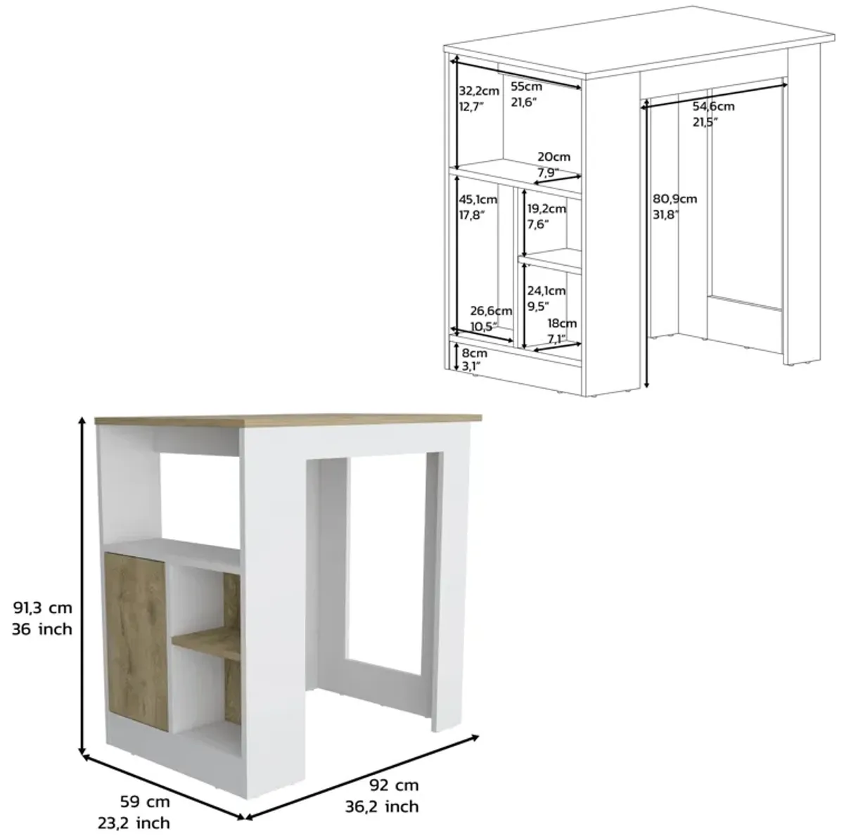 Kitchen Island Three Open Side Storage Shelves And One Push-To-Open Cabinet - White / Macadamia