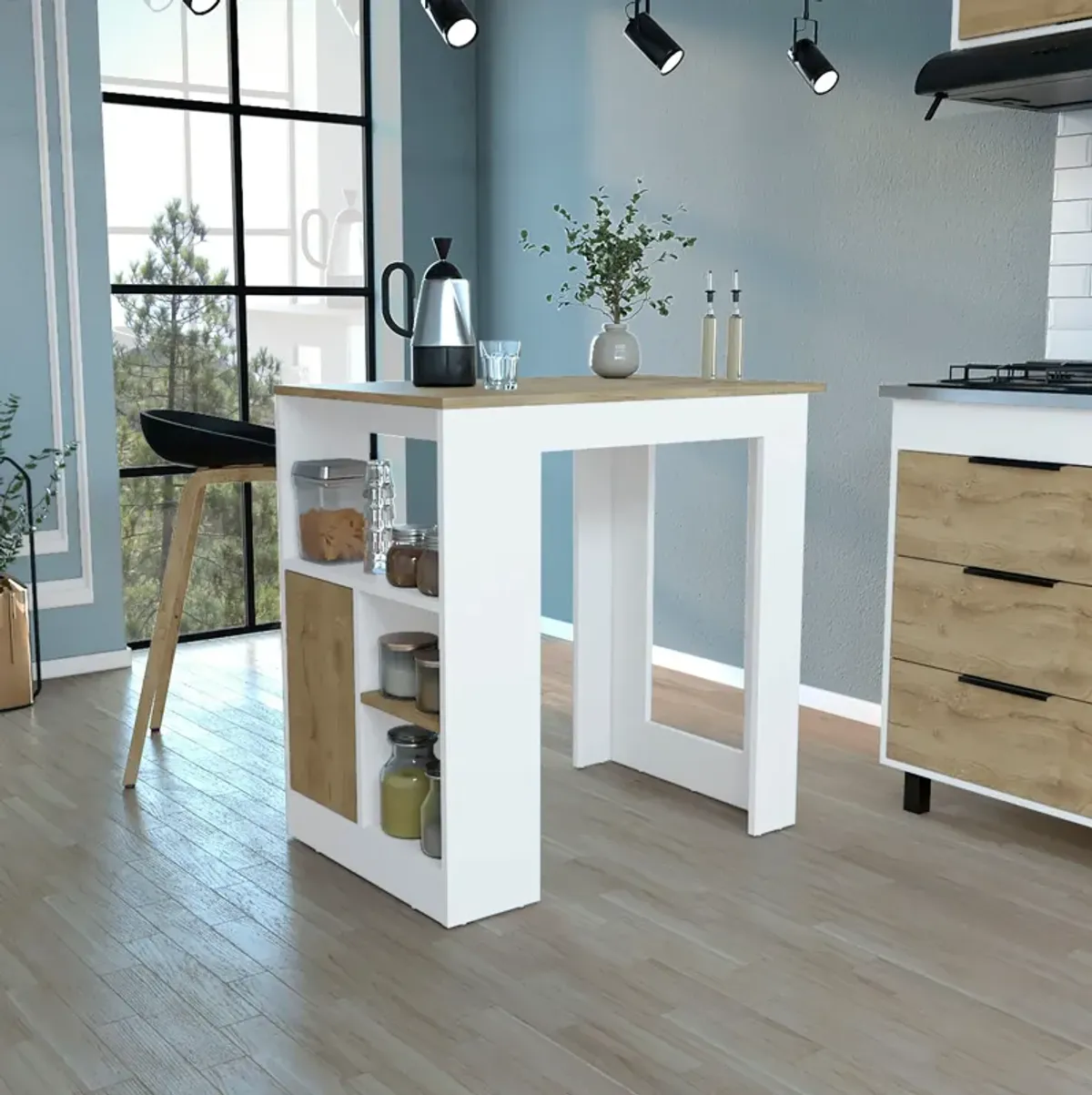 Kitchen Island Three Open Side Storage Shelves And One Push-To-Open Cabinet - White / Macadamia