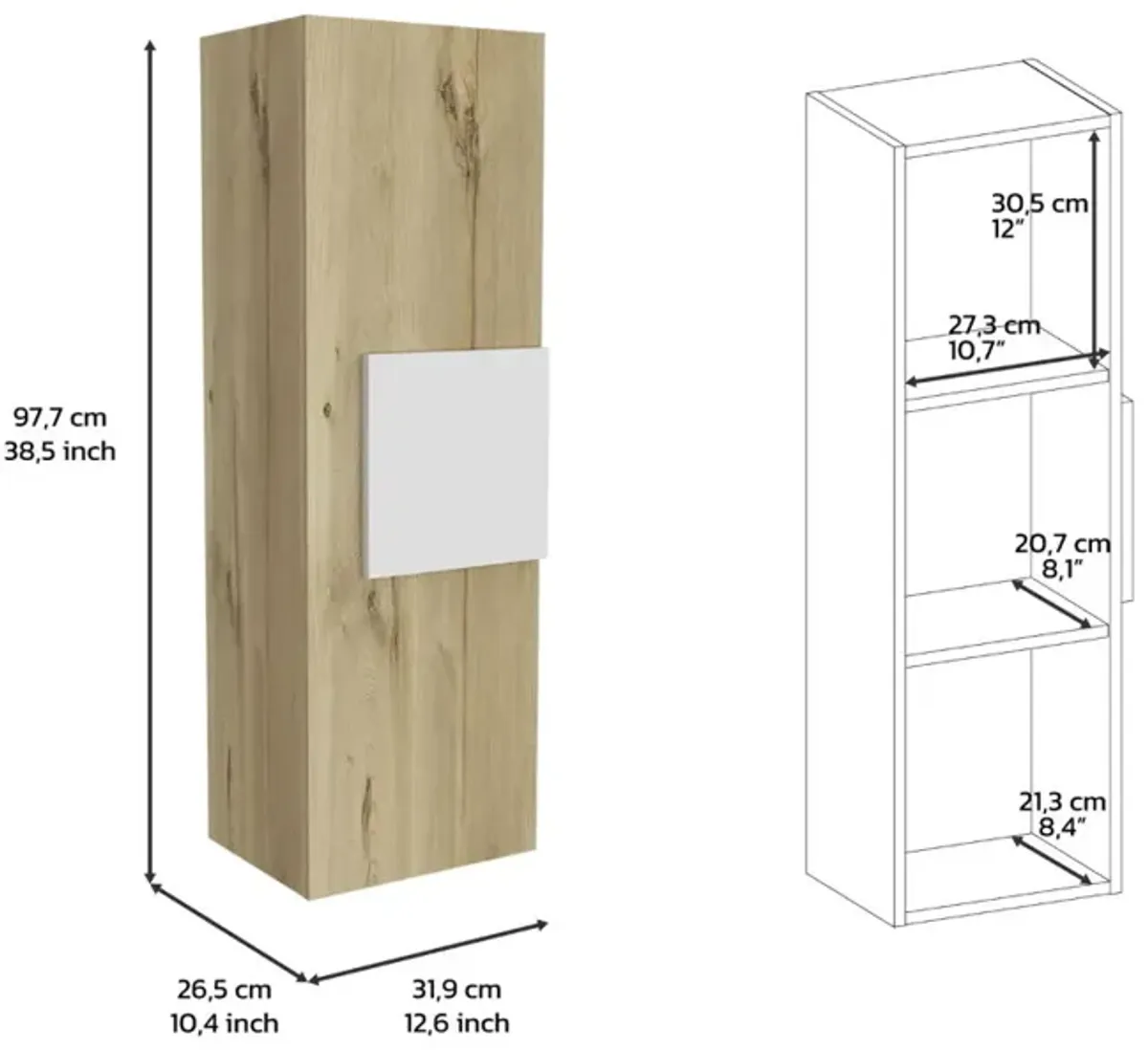 Medicine Single Door Cabinet, Three Shelves - Light Oak / White