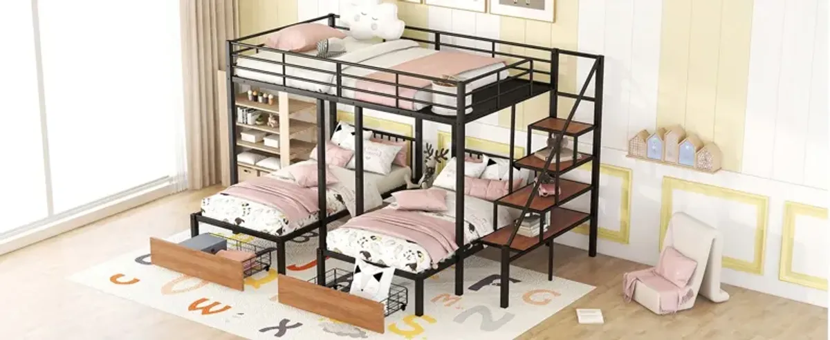 Full Over Twin-Twin Triple Bunk Bed With Drawers And Staircase - Black