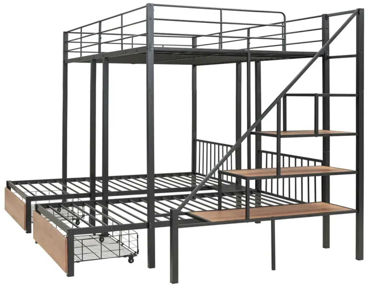 Full Over Twin-Twin Triple Bunk Bed With Drawers And Staircase - Black