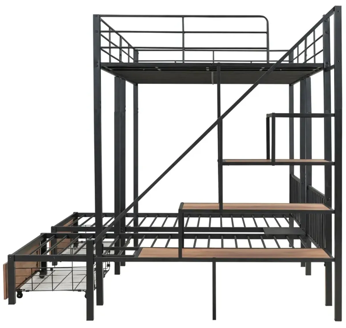 Full Over Twin-Twin Triple Bunk Bed With Drawers And Staircase - Black