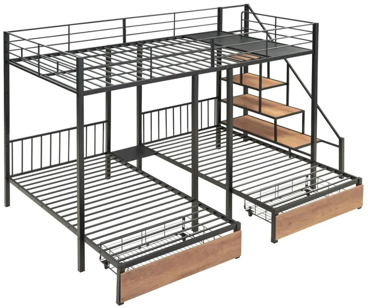 Full Over Twin-Twin Triple Bunk Bed With Drawers And Staircase - Black