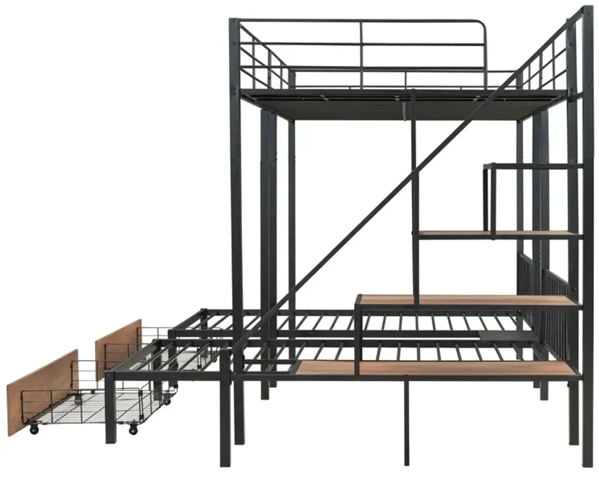 Full Over Twin-Twin Triple Bunk Bed With Drawers And Staircase - Black