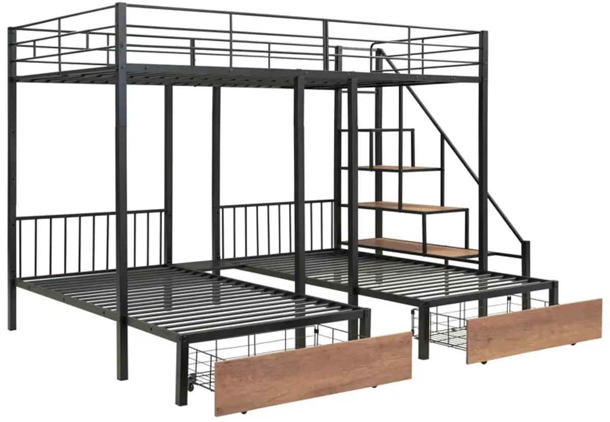 Full Over Twin-Twin Triple Bunk Bed With Drawers And Staircase - Black