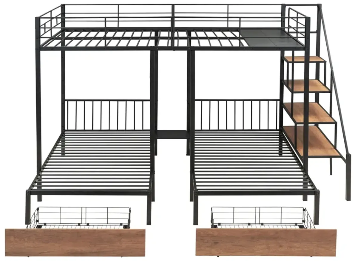 Full Over Twin-Twin Triple Bunk Bed With Drawers And Staircase - Black