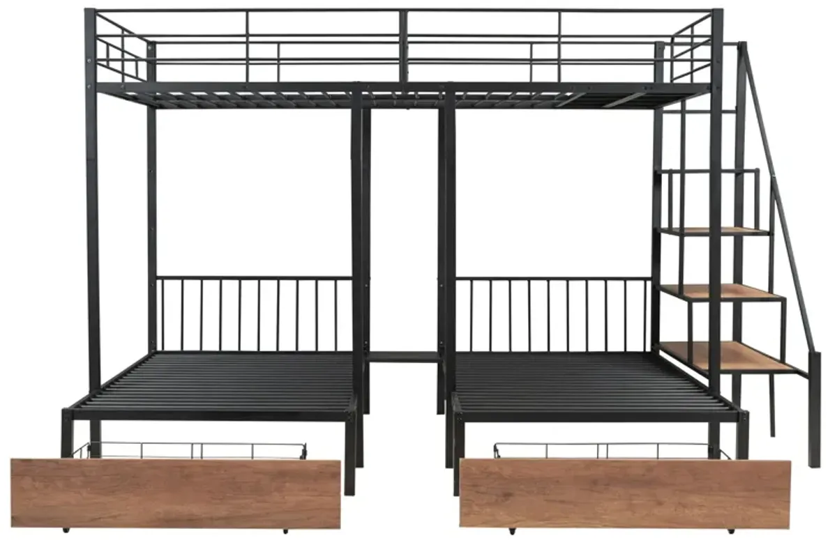 Full Over Twin-Twin Triple Bunk Bed With Drawers And Staircase - Black