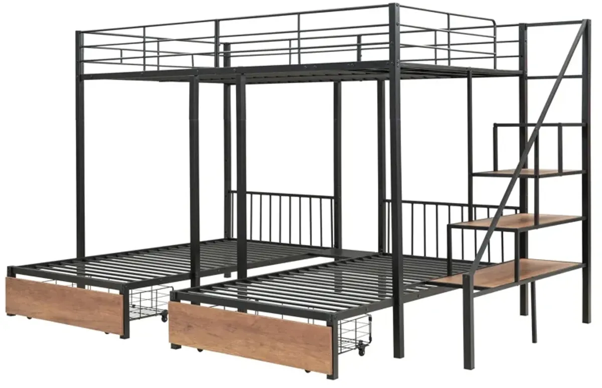 Full Over Twin-Twin Triple Bunk Bed With Drawers And Staircase - Black