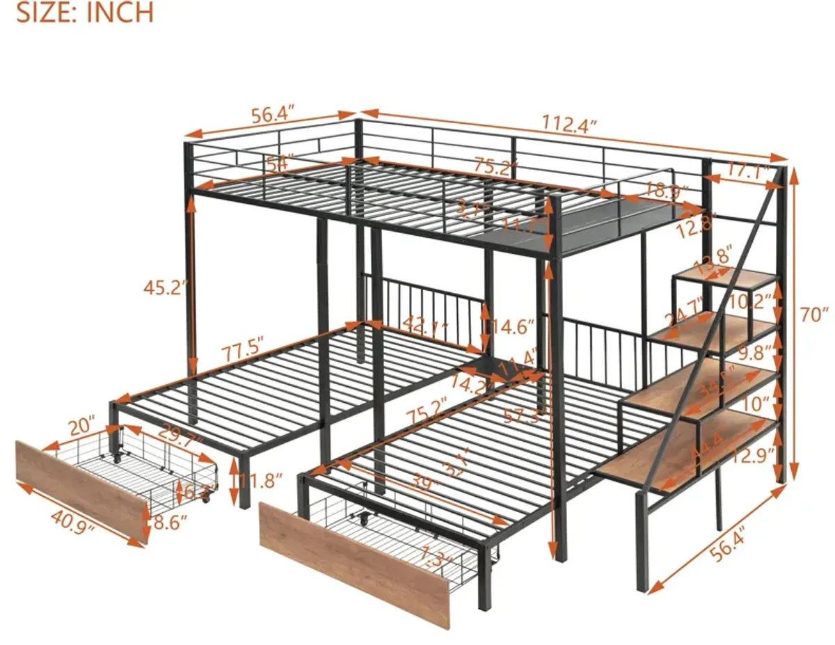 Full Over Twin-Twin Triple Bunk Bed With Drawers And Staircase - Black