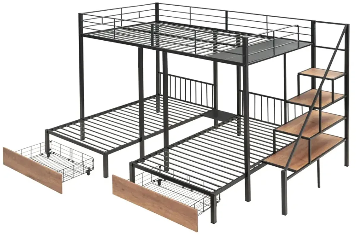 Full Over Twin-Twin Triple Bunk Bed With Drawers And Staircase - Black