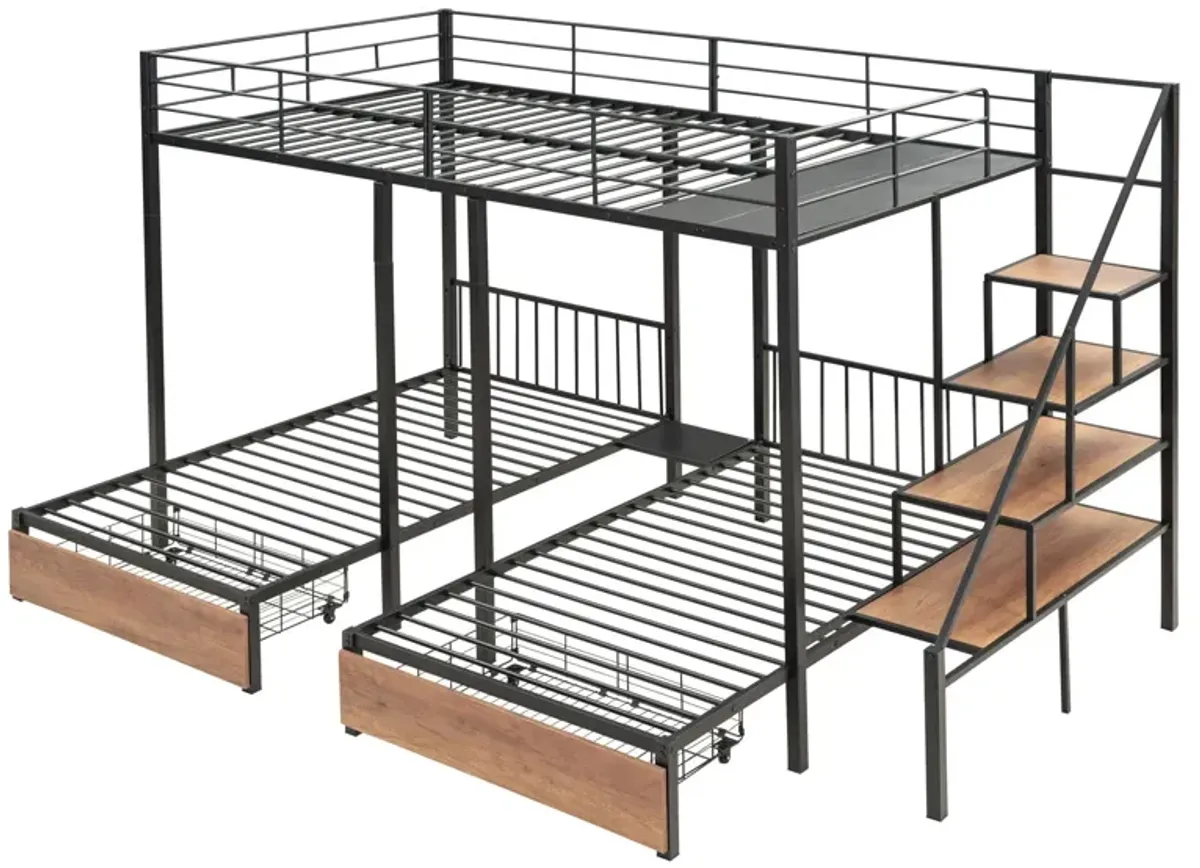 Full Over Twin-Twin Triple Bunk Bed With Drawers And Staircase - Black