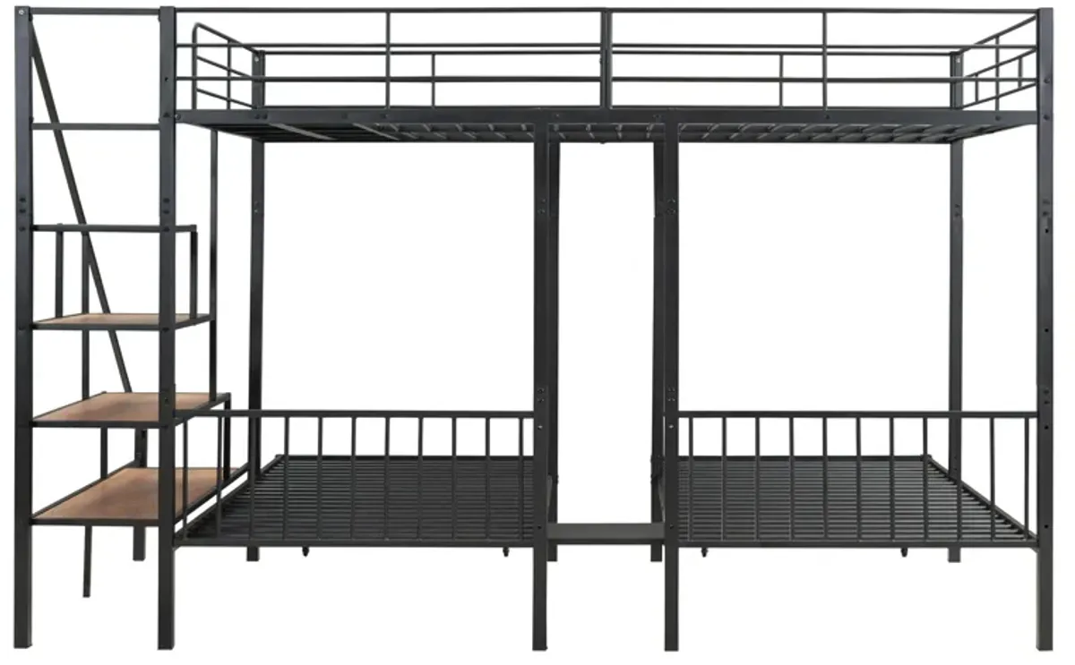 Full Over Twin-Twin Triple Bunk Bed With Drawers And Staircase - Black