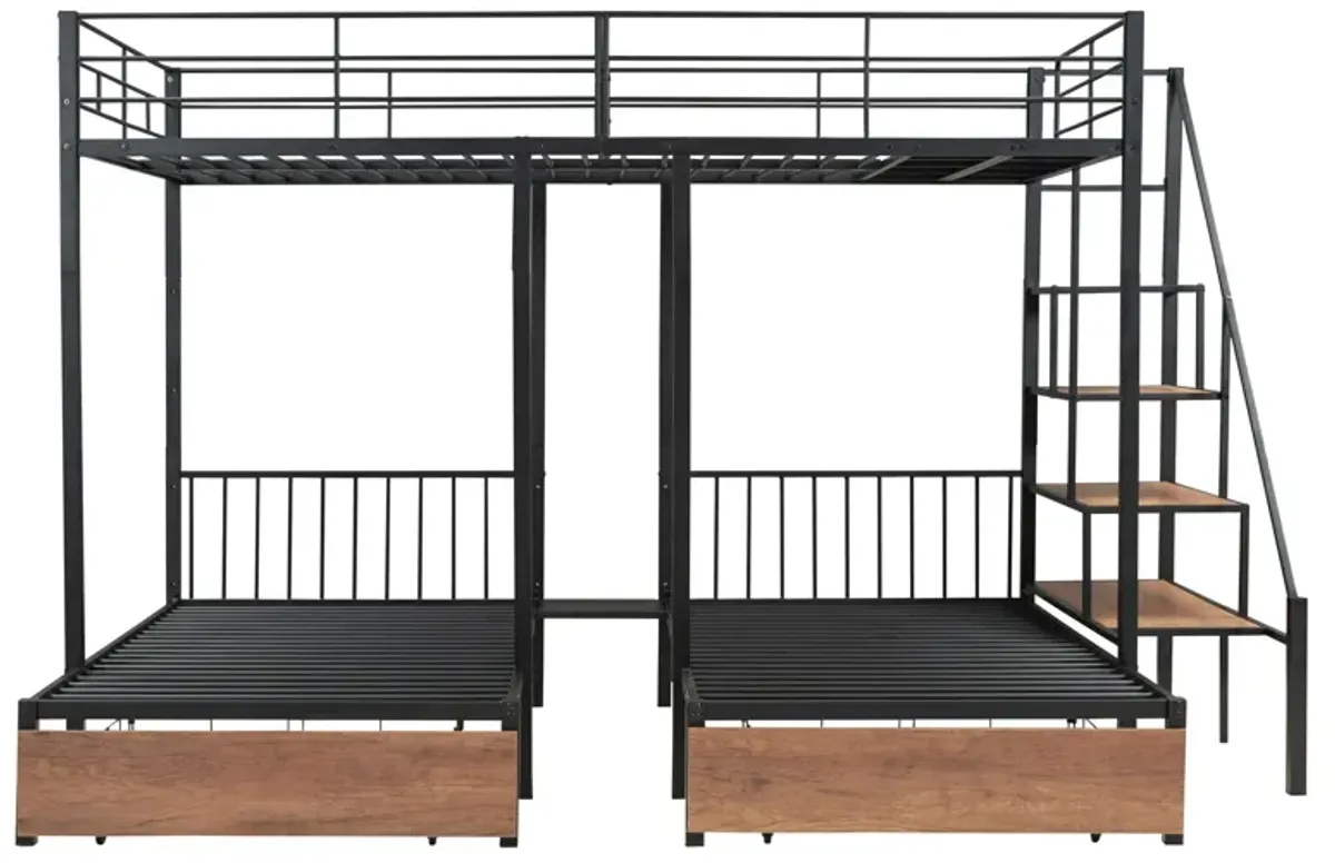 Full Over Twin-Twin Triple Bunk Bed With Drawers And Staircase - Black