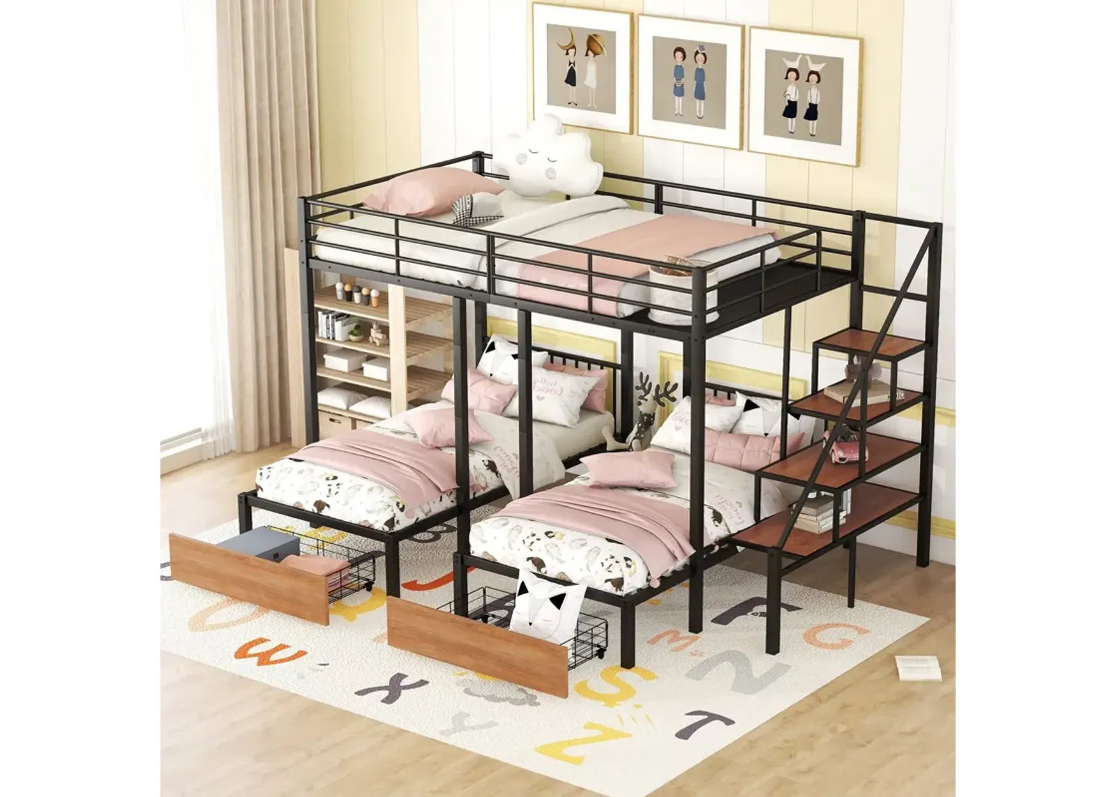 Full Over Twin-Twin Triple Bunk Bed With Drawers And Staircase - Black