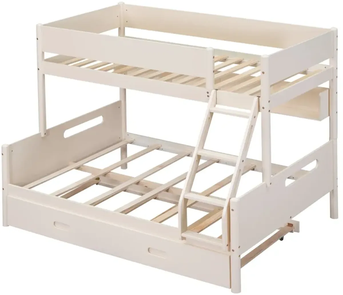 Wood Twin Over Full Bunk Bed With Storage Shelves And Twin Size Trundle - Cream