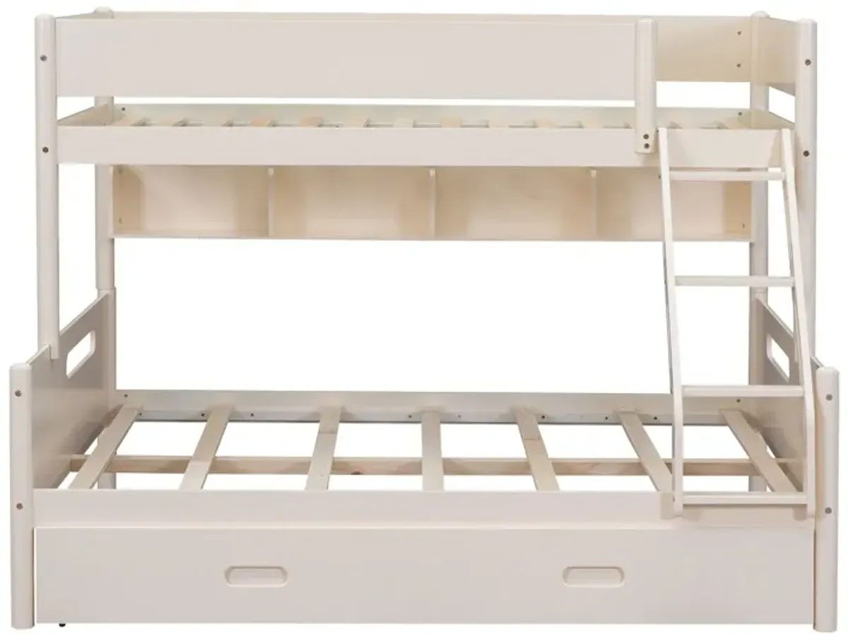 Wood Twin Over Full Bunk Bed With Storage Shelves And Twin Size Trundle - Cream