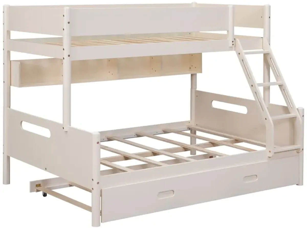 Wood Twin Over Full Bunk Bed With Storage Shelves And Twin Size Trundle - Cream