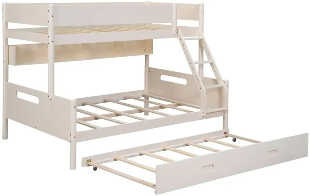 Wood Twin Over Full Bunk Bed With Storage Shelves And Twin Size Trundle - Cream