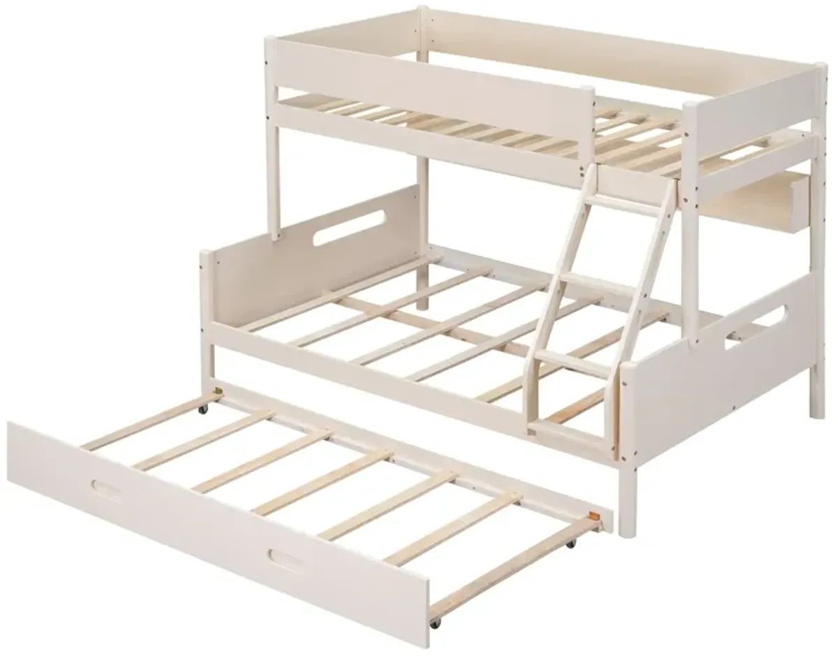 Wood Twin Over Full Bunk Bed With Storage Shelves And Twin Size Trundle - Cream