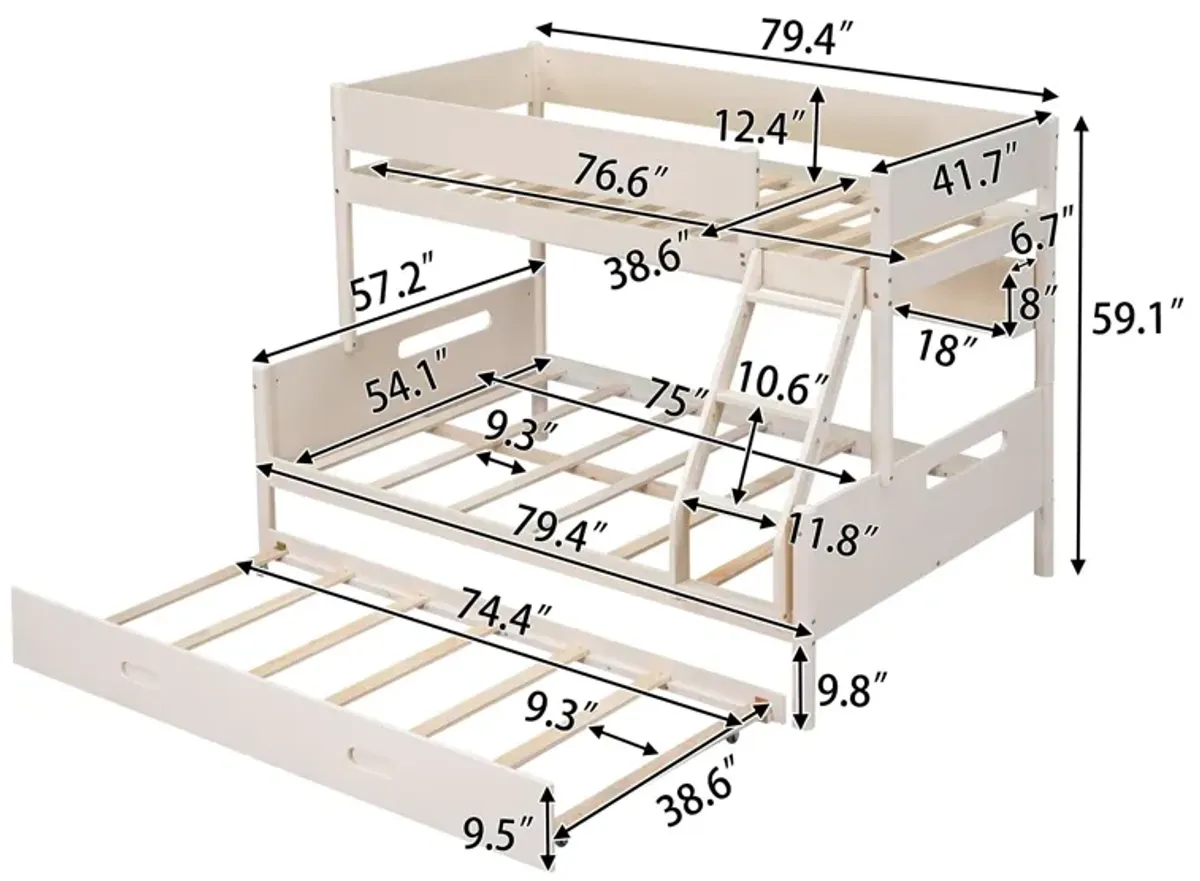 Wood Twin Over Full Bunk Bed With Storage Shelves And Twin Size Trundle - Cream