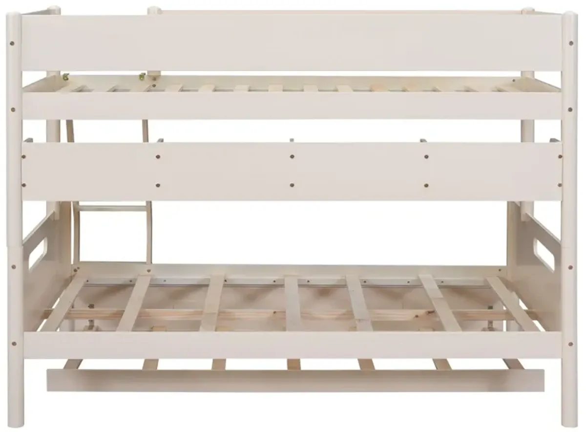 Wood Twin Over Full Bunk Bed With Storage Shelves And Twin Size Trundle - Cream