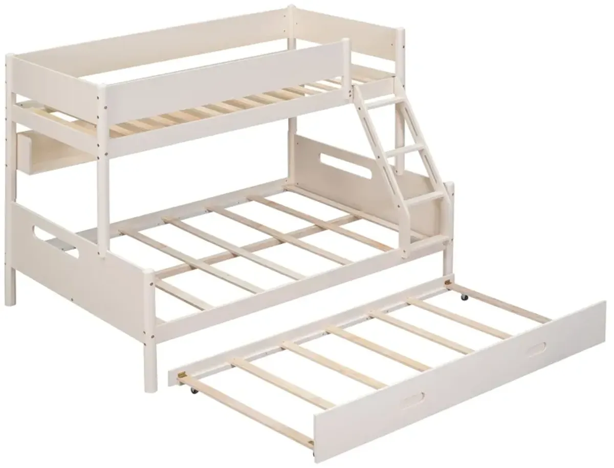 Wood Twin Over Full Bunk Bed With Storage Shelves And Twin Size Trundle - Cream