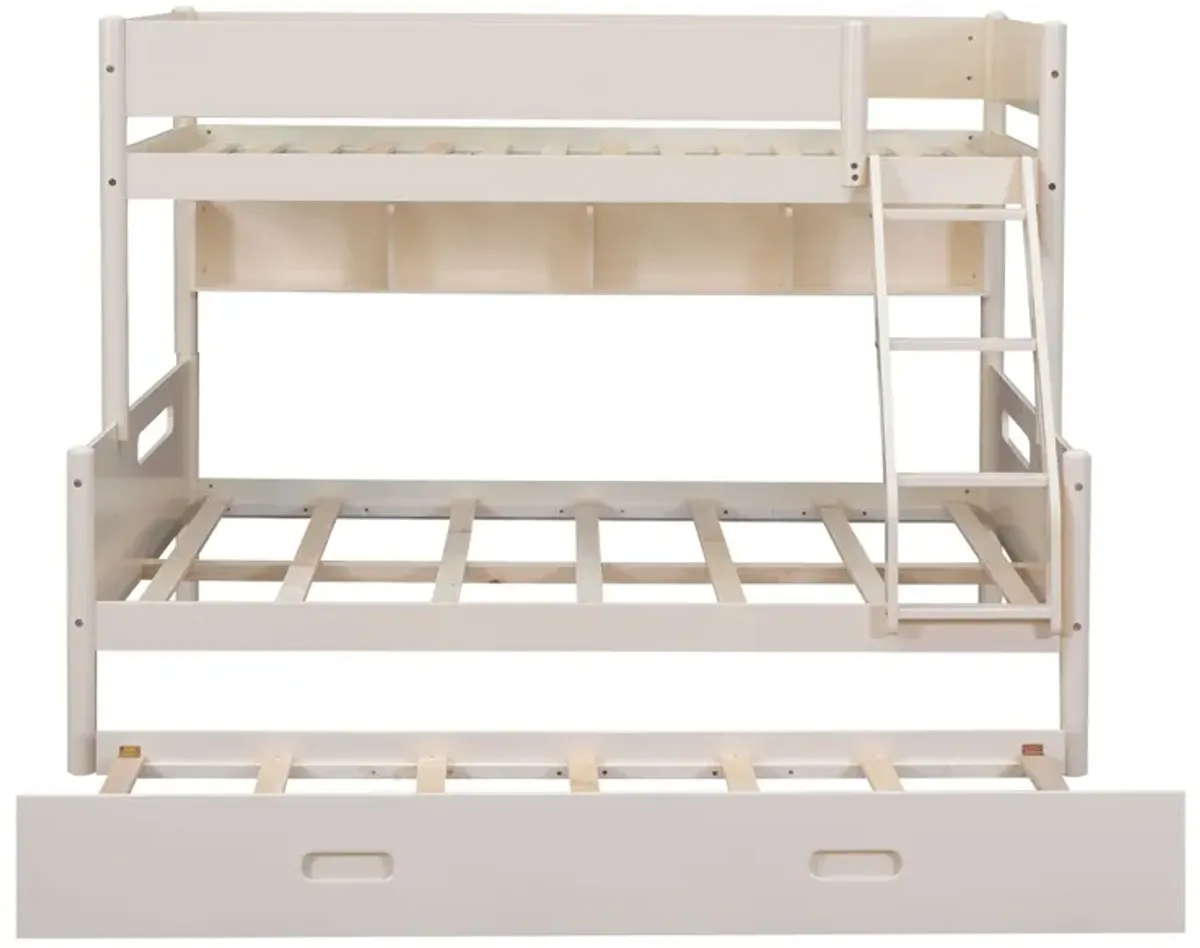 Wood Twin Over Full Bunk Bed With Storage Shelves And Twin Size Trundle - Cream